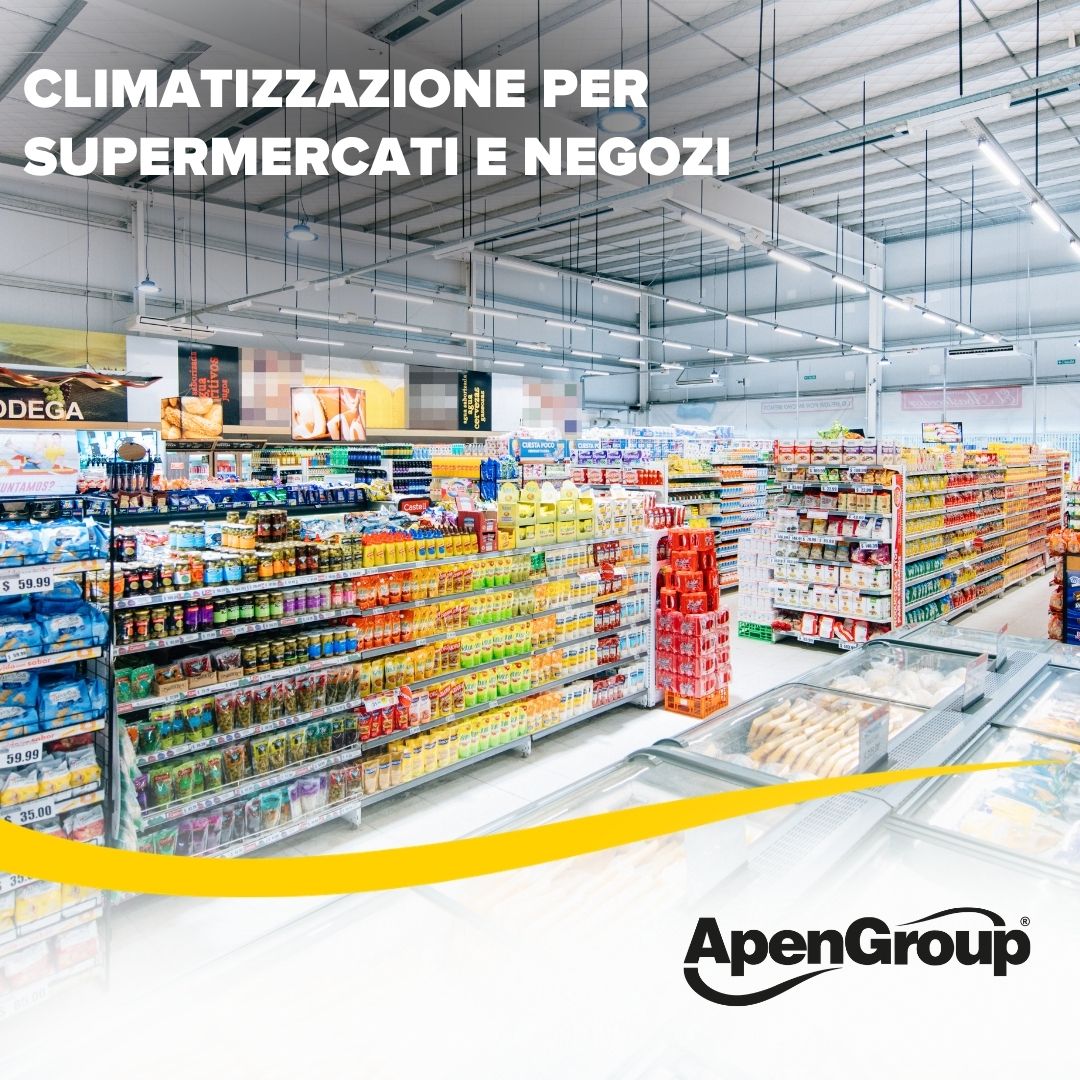 Corsie di un supermercato con banchi frigo: climatizzazione con il sistema ibrido AquaPump Hybrid HYZ di Apen Group